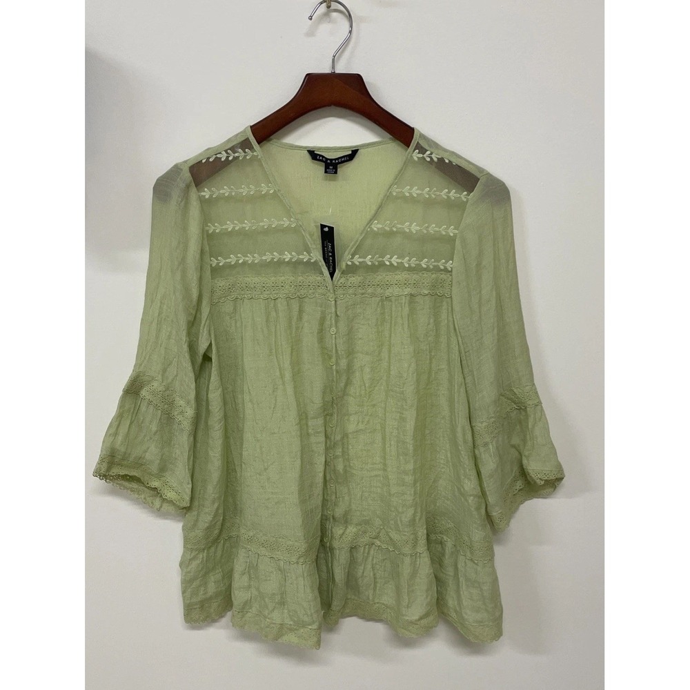 Zac&Rachel Womens Blouse Top Green Embossed Detail 3/4‎ Sleeve V Neck  Sz M NWT